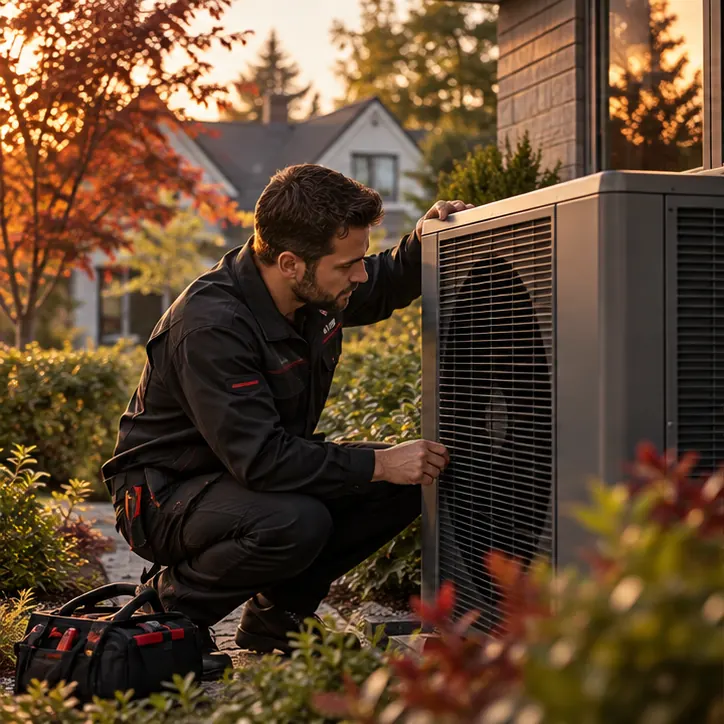 Illustrative HVAC technician working on an outdoor air conditioning unit