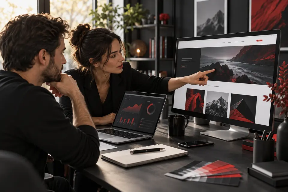 Illustrative creative team collaborating on website design and marketing