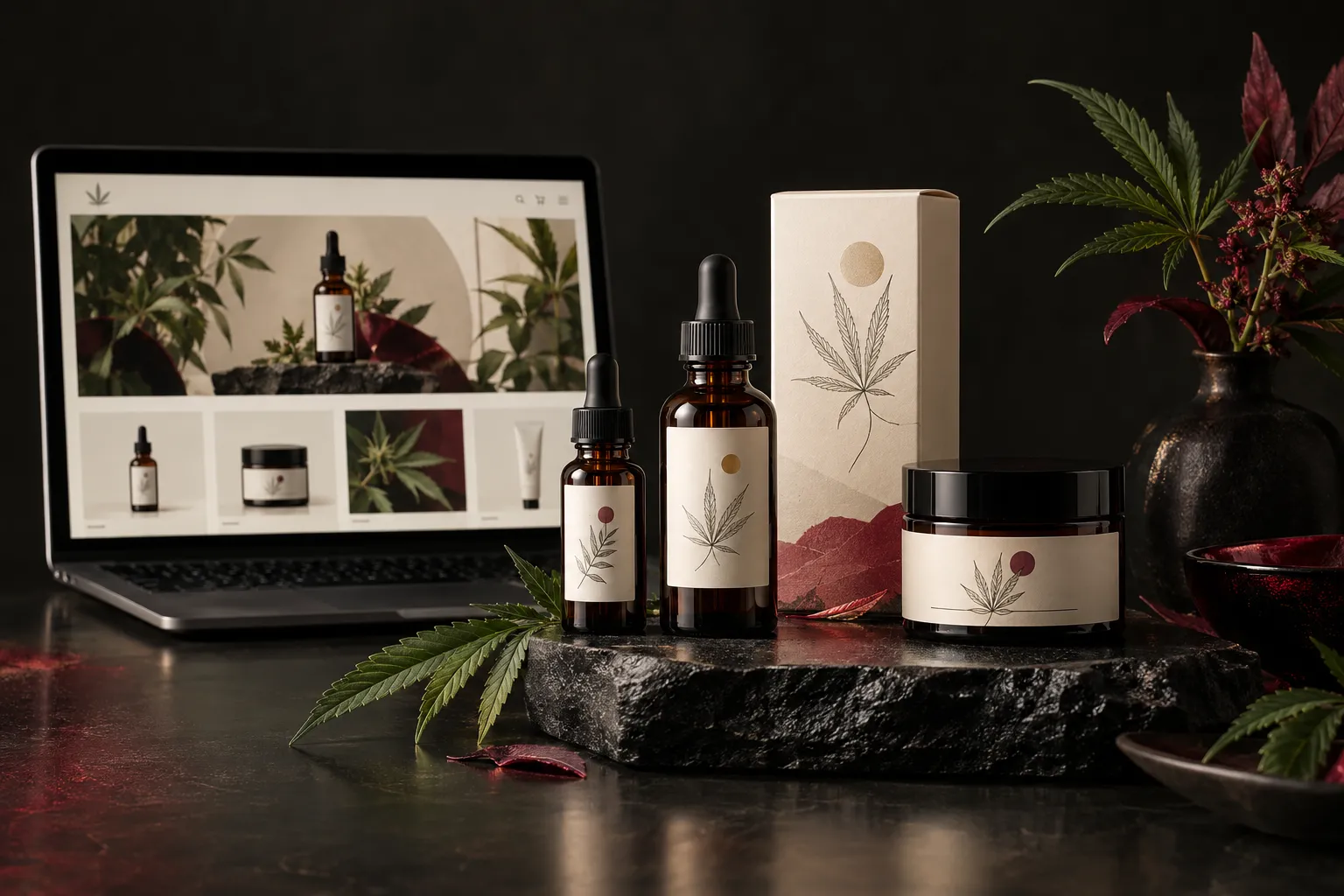 Illustrative botanical product packaging alongside a brand website on a laptop