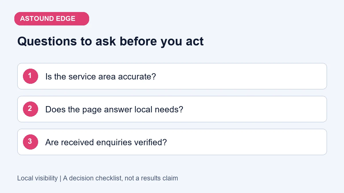 Decision checklist: Is the service area accurate?; Does the page answer local needs?; Are received enquiries verified?