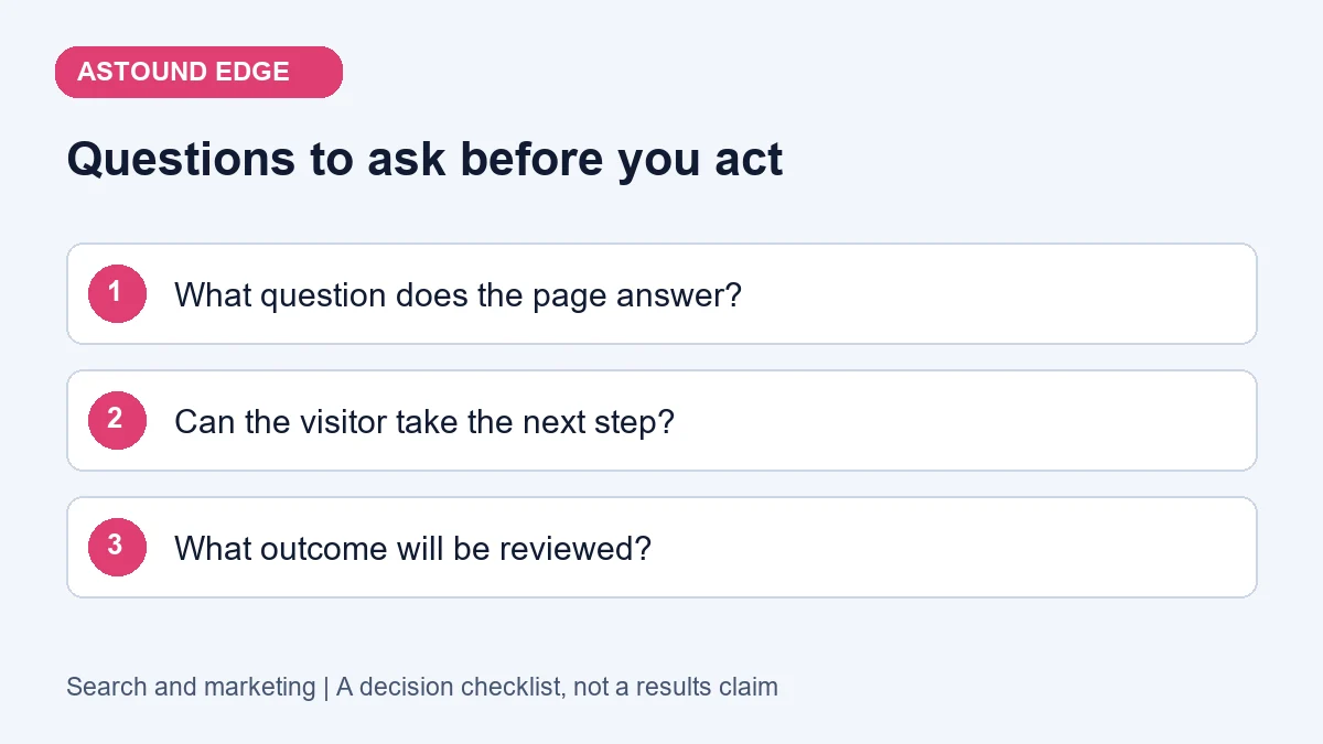 Decision checklist: What question does the page answer?; Can the visitor take the next step?; What outcome will be reviewed?